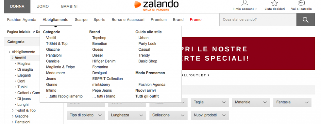 ricerca categorie su zalando